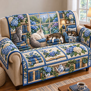 Blue Hydrangea Cats Library Sofa Cover - Made to Order