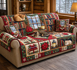 Snowy Window Library Cats Sofa Cover - Made to Order