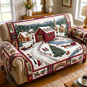 Red Covered Bridge Village Sofa Cover - Made to Order