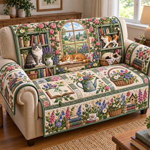 Floral Cats Library Sofa Cover - Made to Order