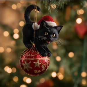 Black Cat in a Santa Hat on a Bauble Christmas Ornament - Made to Order Gift