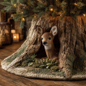 Fawn in a Mossy Tree Hollow Christmas Tree Skirt - Made to Order