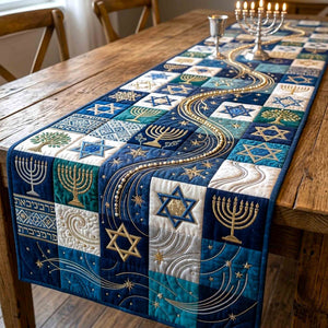 Blue Patchwork Menorahs with Gold Swirl Table Runner - Made to Order