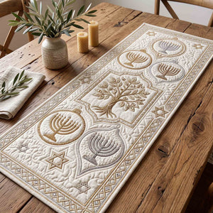 Cream Menorah and Tree of Life Circles Table Runner - Made to Order