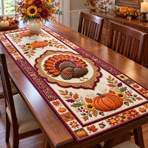Cream Medallion Harvest Turkey Table Runner - Made to Order