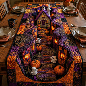 Purple Haunted House with Pumpkins Table Runner - Made to Order