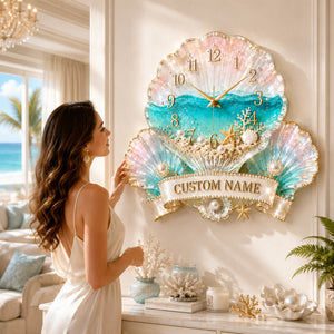 Personalized Seashell Wall Clock with Custom Name - Silent Quartz Printed Acrylic Housewarming Gift