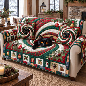 Cream Swirl Patchwork Black Cat Sofa Cover - Made to Order