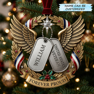 Personalized Veteran Dog Tags and Wings Christmas Ornament with Custom Name
