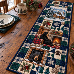 Cabin Fireplace Bear Patchwork Table Runner - Made to Order