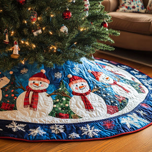 Snowmen on the Blue Snowflake Ring in Christmas Tree Skirt - Made to Order