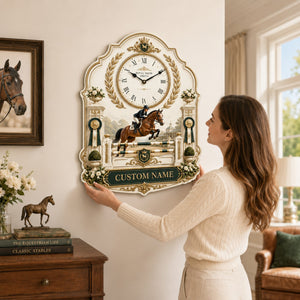 Personalized Royal Equestrian Wall Clock with Custom Name - Silent Quartz Printed Acrylic Housewarming Gift