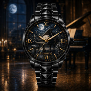 Personalized Moonlight Piano Watch with Custom Name - Men's & Women's, Leather or Metal Strap - Anniversary Gift