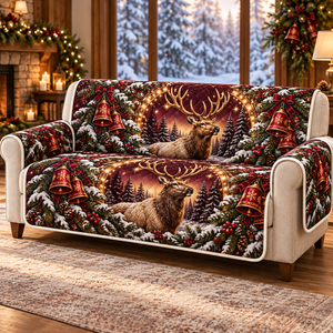 Christmas Elk Burgundy Bell Long Sofa Cover