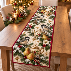 Coal Tit Pear Golden Teapot Christmas Table Runner