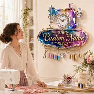 Personalized Sewing Machine Wall Clock with Custom Name - Silent Quartz Printed Acrylic Housewarming Gift