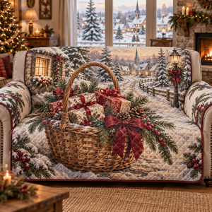 Holiday Wicker Basket Christmas Quilted Sofa Cover
