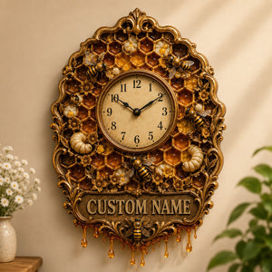 Personalized Honey Bee Lover Wall Clock with Custom Name - Silent Quartz Printed Acrylic Housewarming Gift
