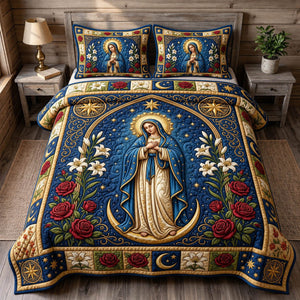 Mother Mary Blue Roses 3-Piece Quilted Bedding Set