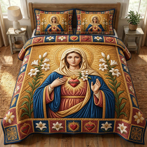 Mother Mary Sacred Heart 3-Piece Quilted Bedding Set