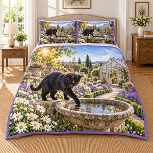 Black Cat Birdbath Ripples Quilted Bedding Set