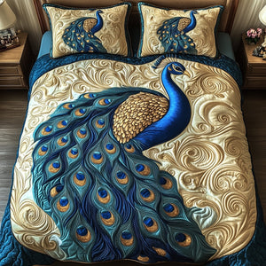 Peacock Paradise Gold 3-Piece Quilted Bedding Set