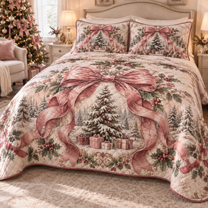 Pink Bow Christmas 3-Piece Quilted Bedding Set