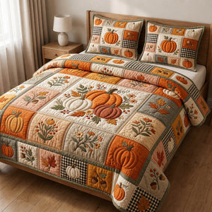 Pumpkin Patchwork Squares 3-Piece Quilted Bedding Set