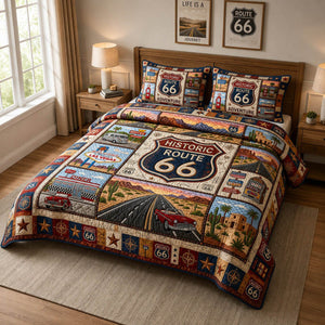 Route 66 Mother Road Squares 3-Piece Quilted Bedding Set