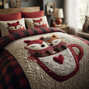 Valentine Couple Fox Cup 3-Piece Quilted Bedding Set