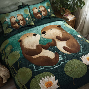 Valentine Couple Otter Lily 3-Piece Quilted Bedding Set