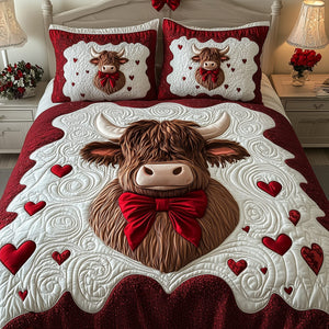 Valentine Highland Cow Hearts 3-Piece Quilted Bedding Set
