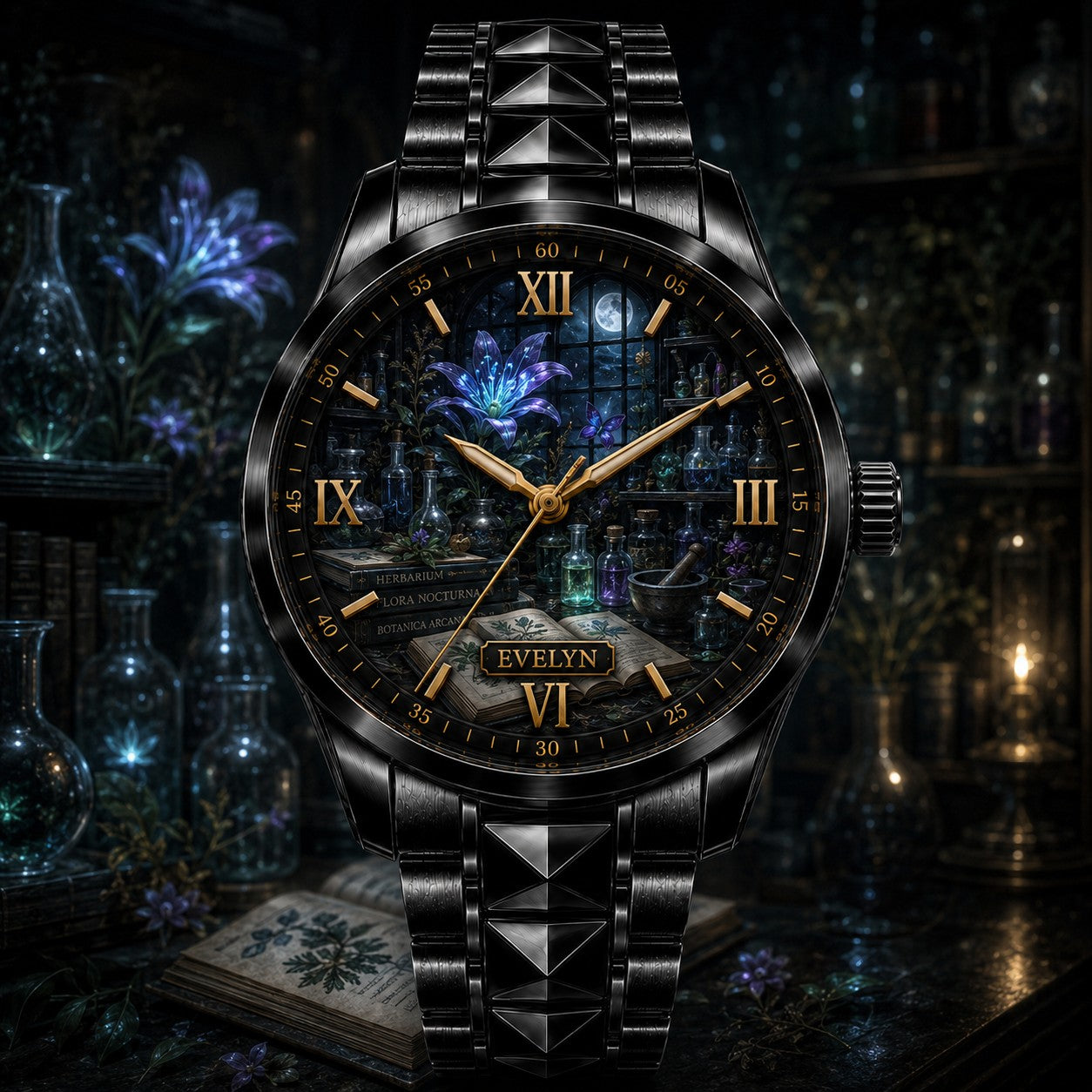 Custom Moonlit Herbarium Watch — personalized with a custom name