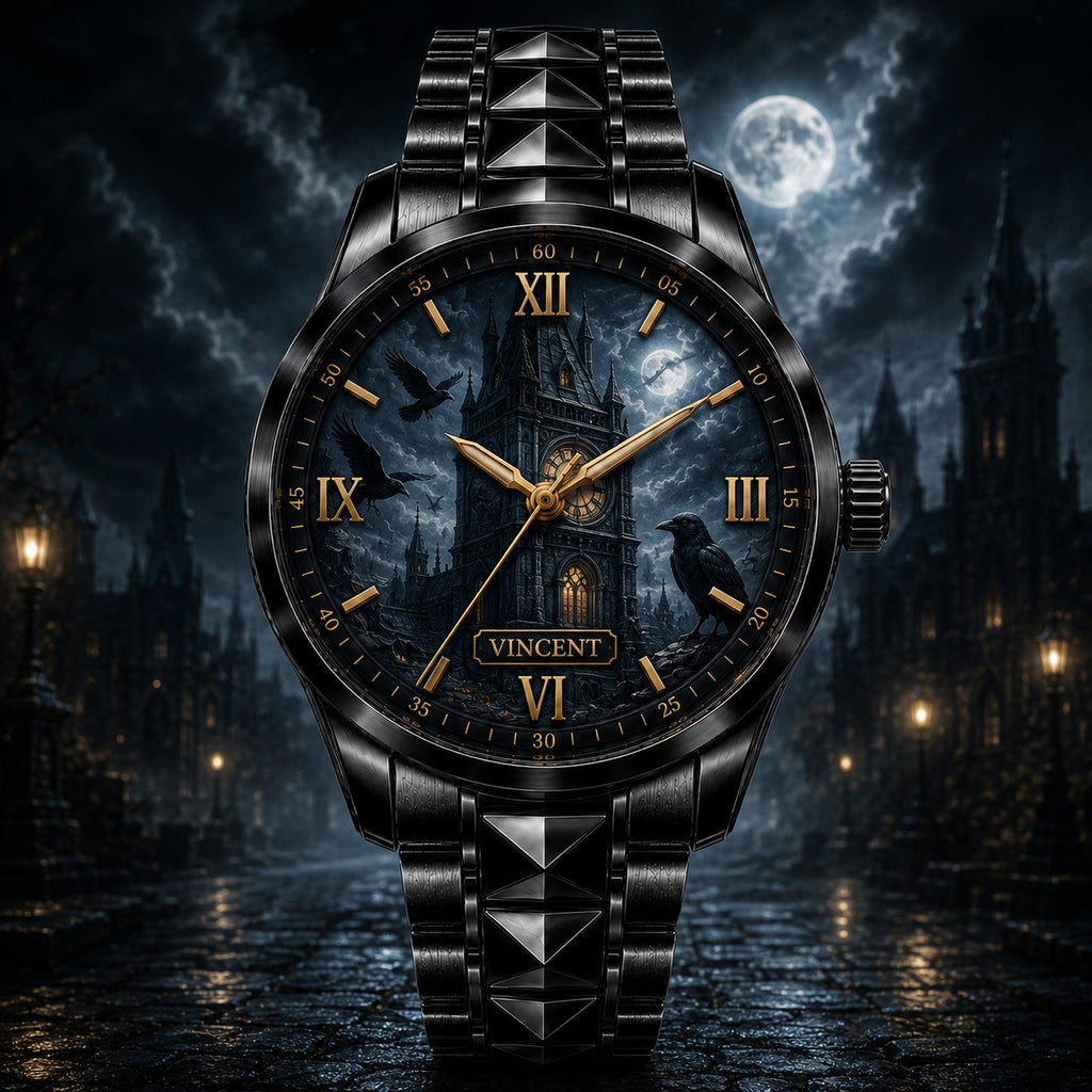Custom Gothic Raven Clock Tower Watch — personalized with a custom name