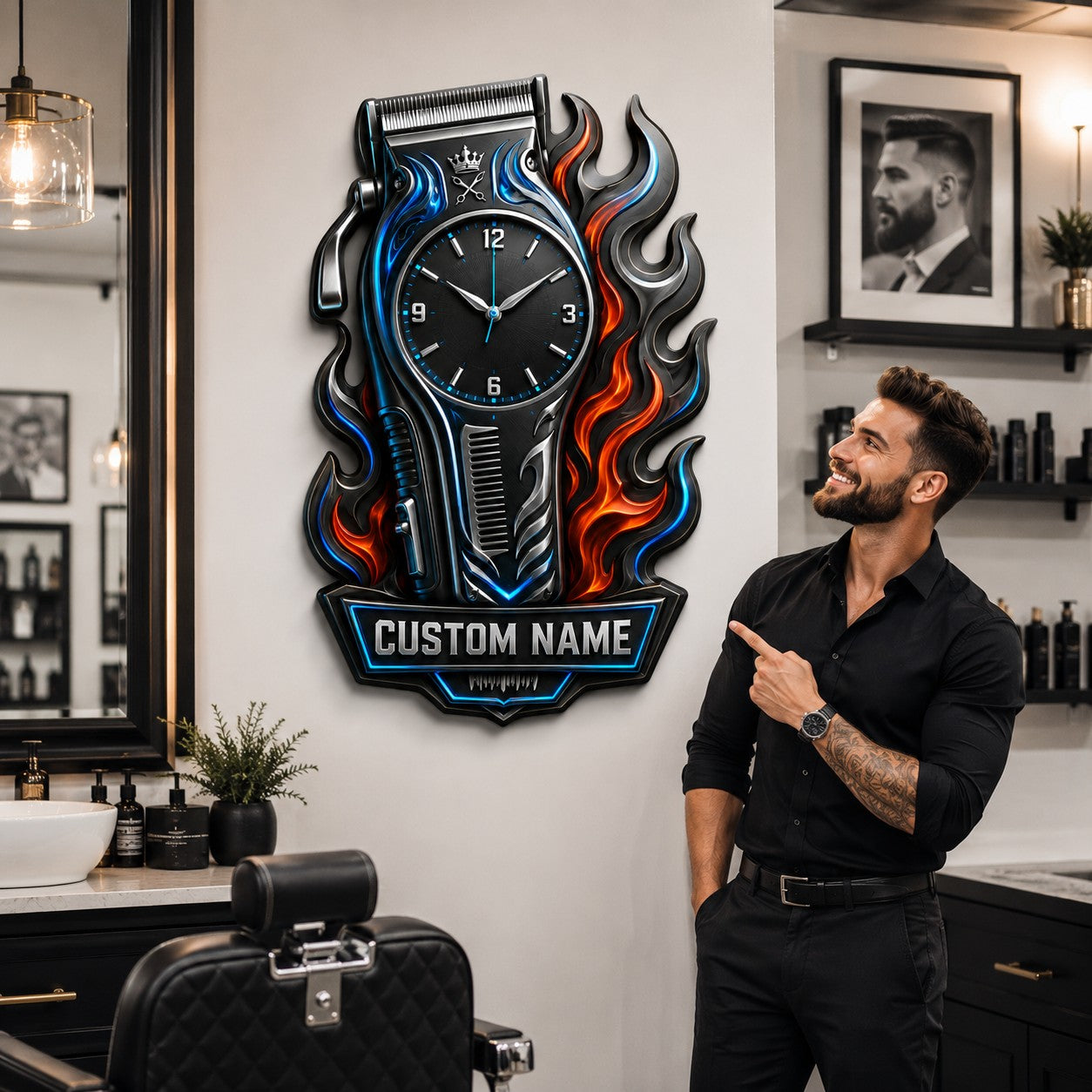 Personalized barber clipper wall clock — personalized with a custom name