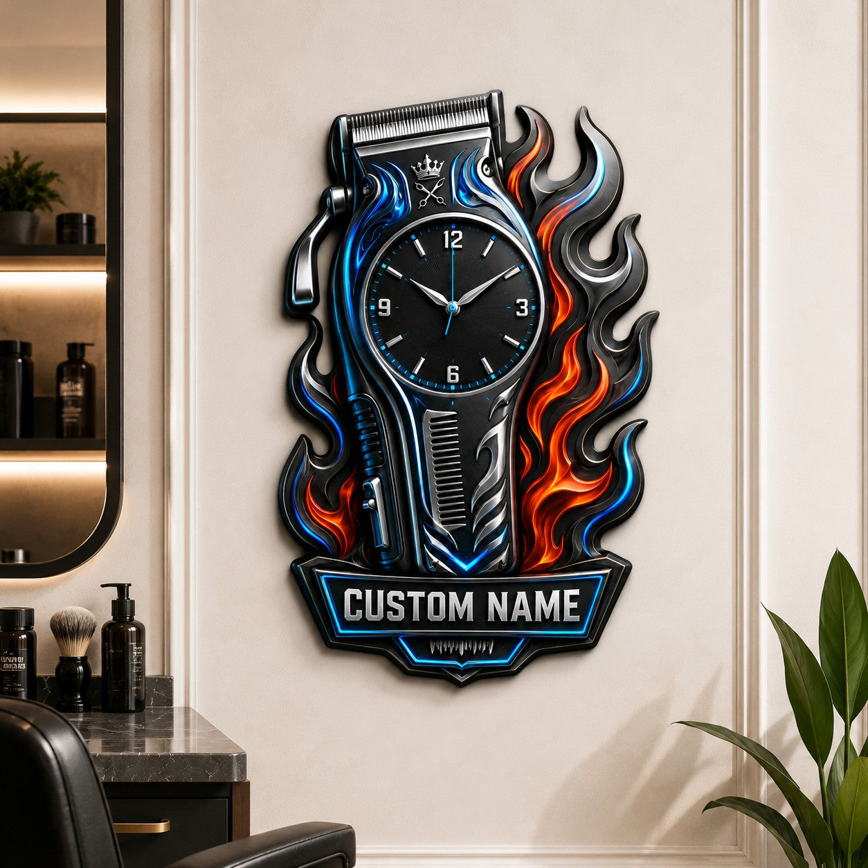 Personalized barber clipper wall clock — personalized with a custom name