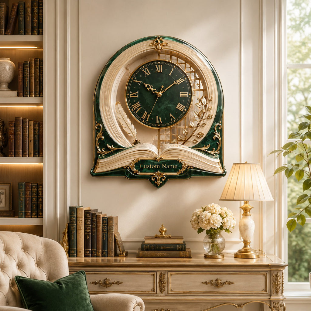 Personalized Emerald Library Book Wall Clock — personalized with a custom name