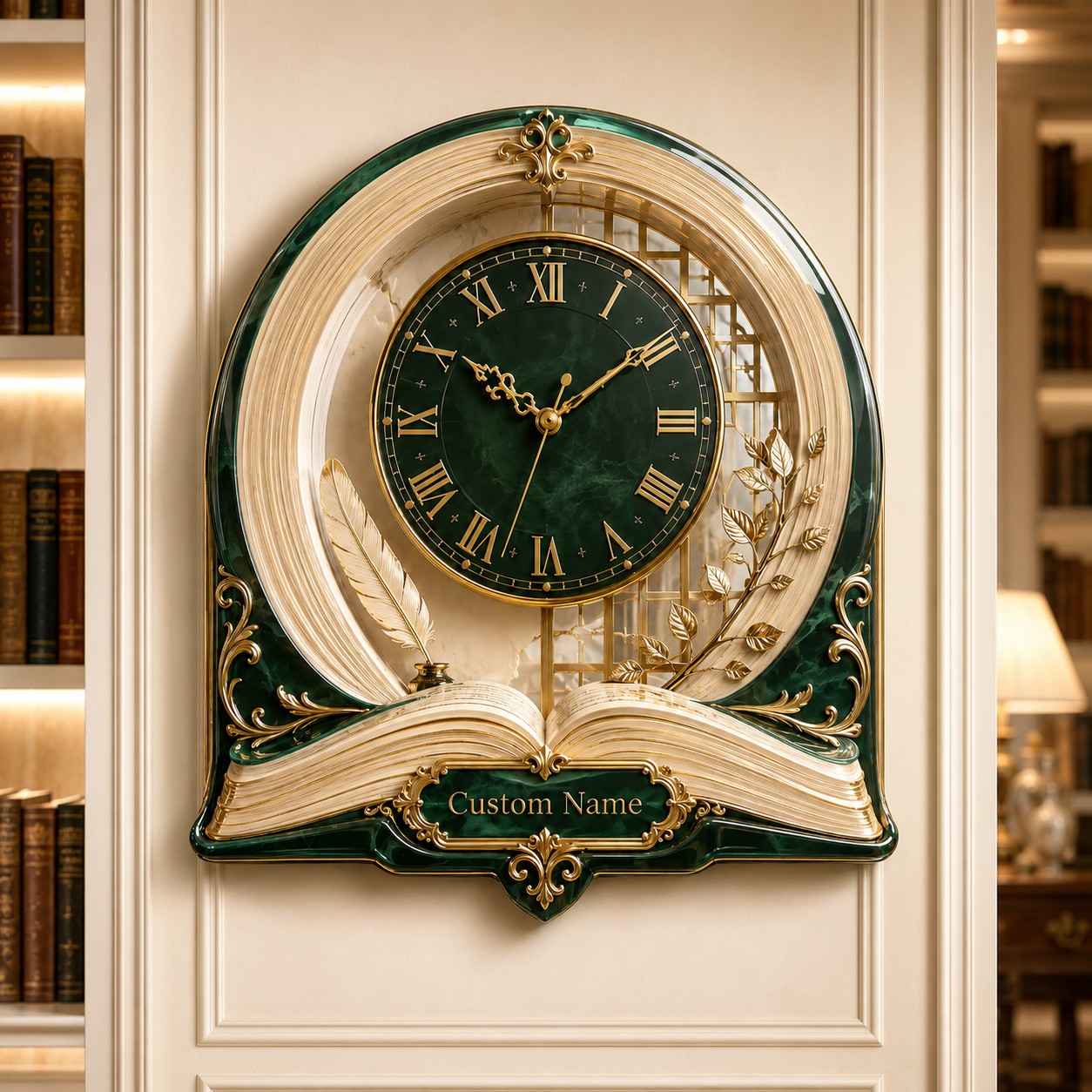 Personalized Emerald Library Book Wall Clock — personalized with a custom name