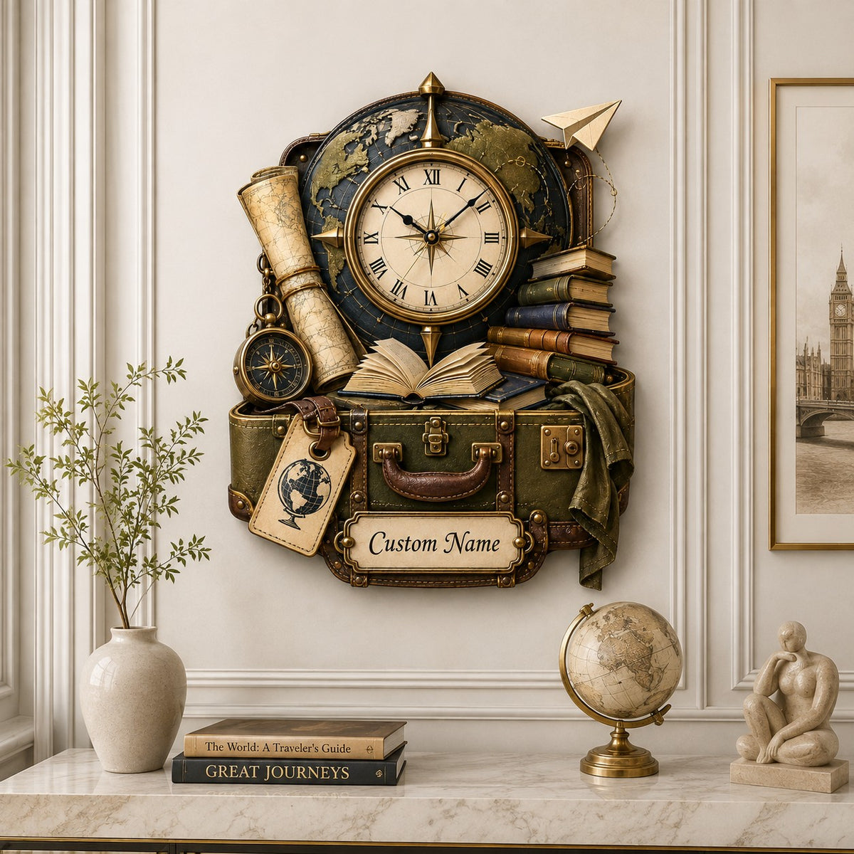Personalized Travel Book Lover Wall Clock — personalized with a custom name