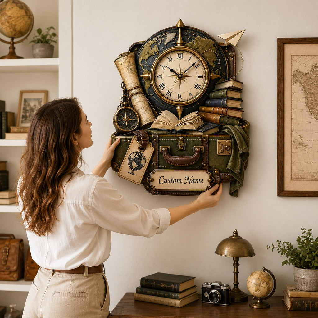 Personalized Travel Book Lover Wall Clock — personalized with a custom name