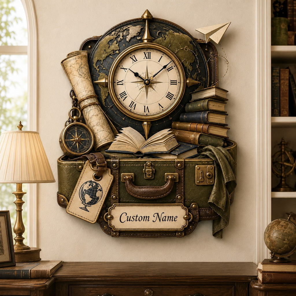 Personalized Travel Book Lover Wall Clock — personalized with a custom name