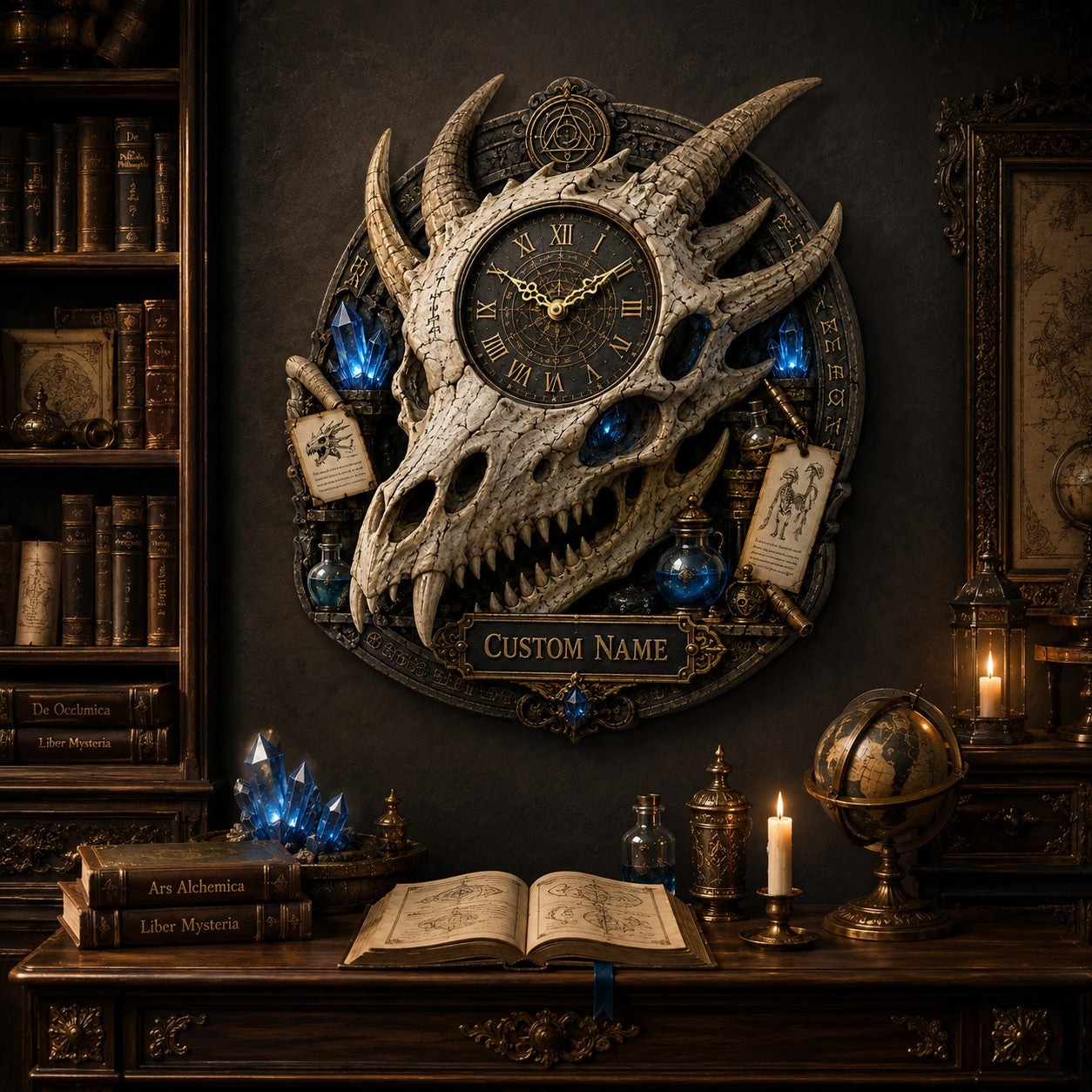 Dragon skull Custom Name Wall Clock — personalized with a custom name