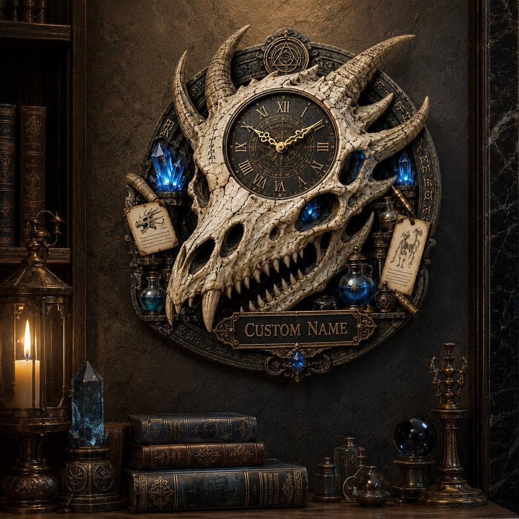 Dragon skull Custom Name Wall Clock — personalized with a custom name