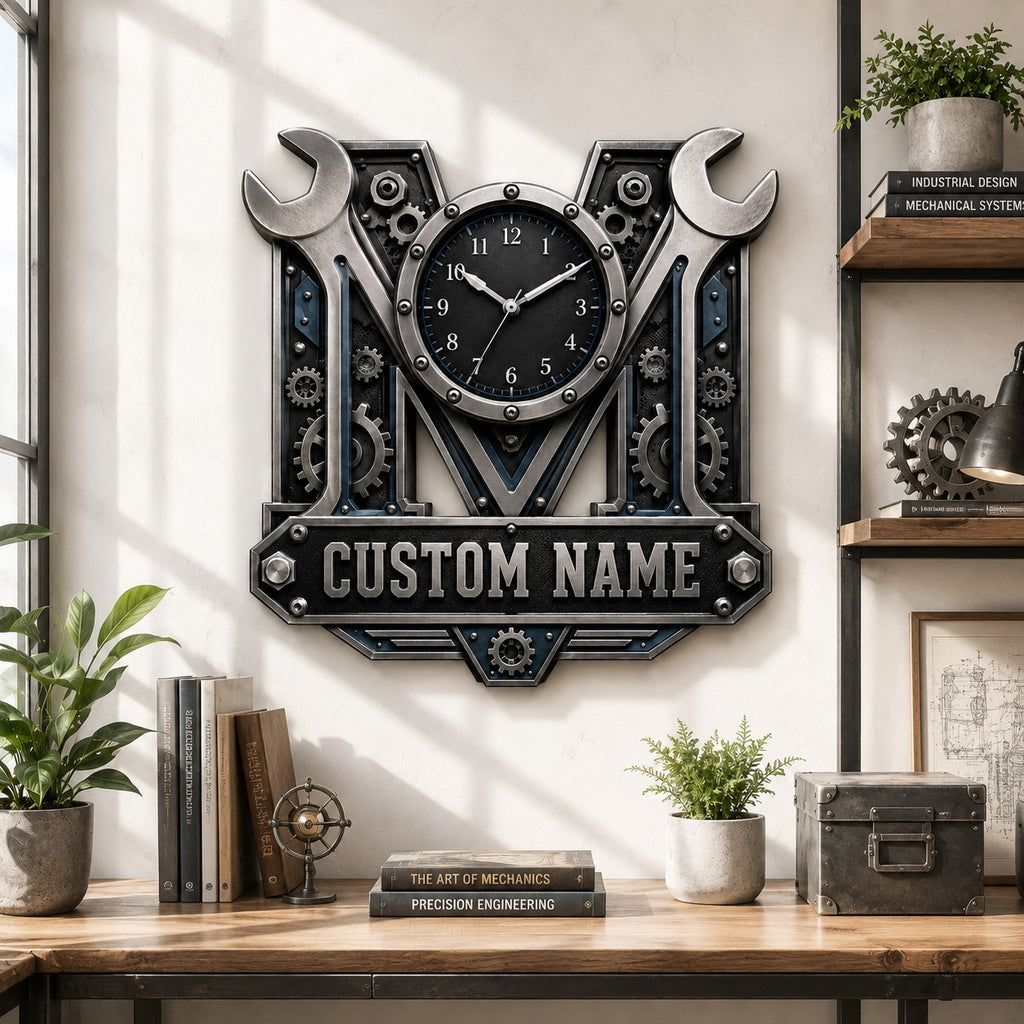 Mechanic wrench Custom Name Wall Clock — personalized with a custom name