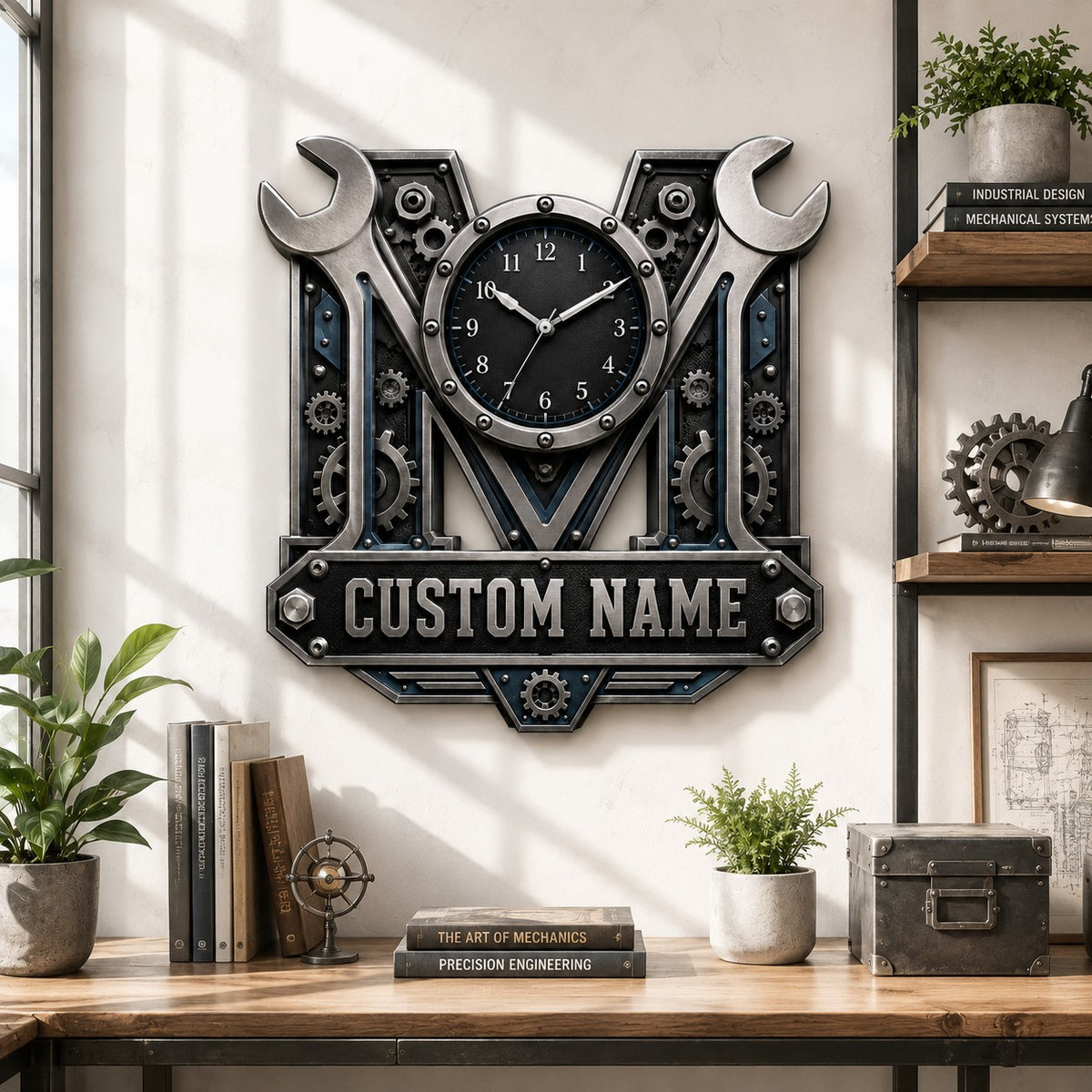 Personalized Mechanic Wrench Wall Clock with a custom name set into the design