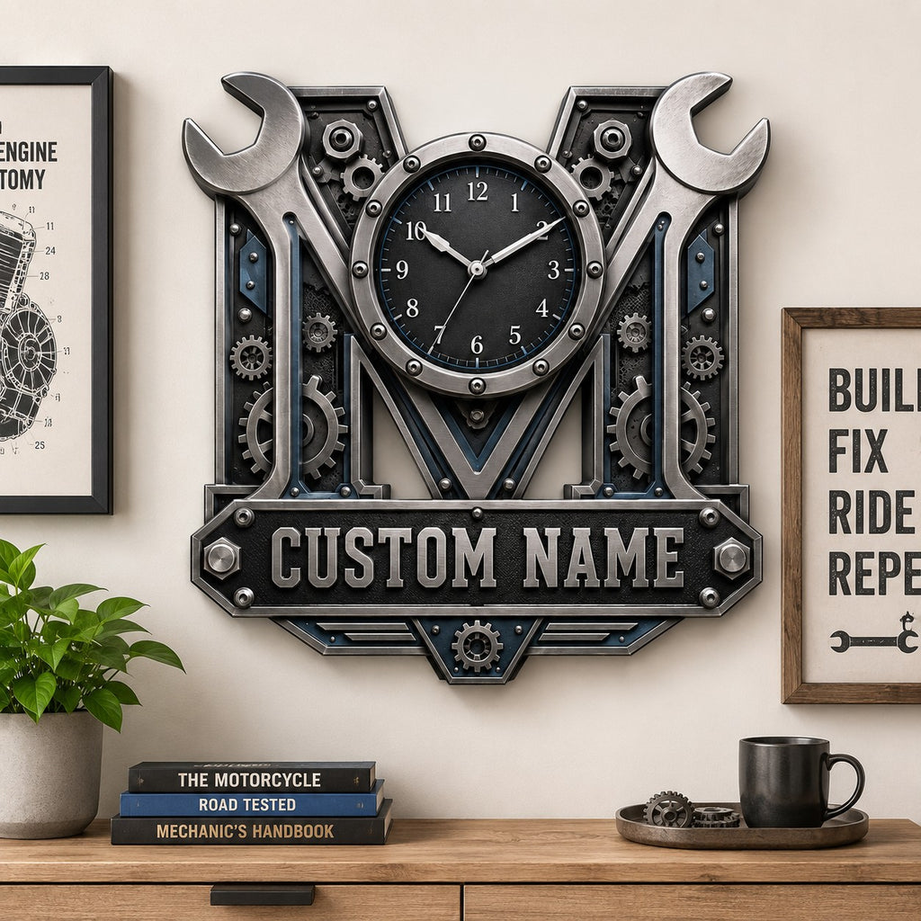 Mechanic wrench Custom Name Wall Clock — personalized with a custom name