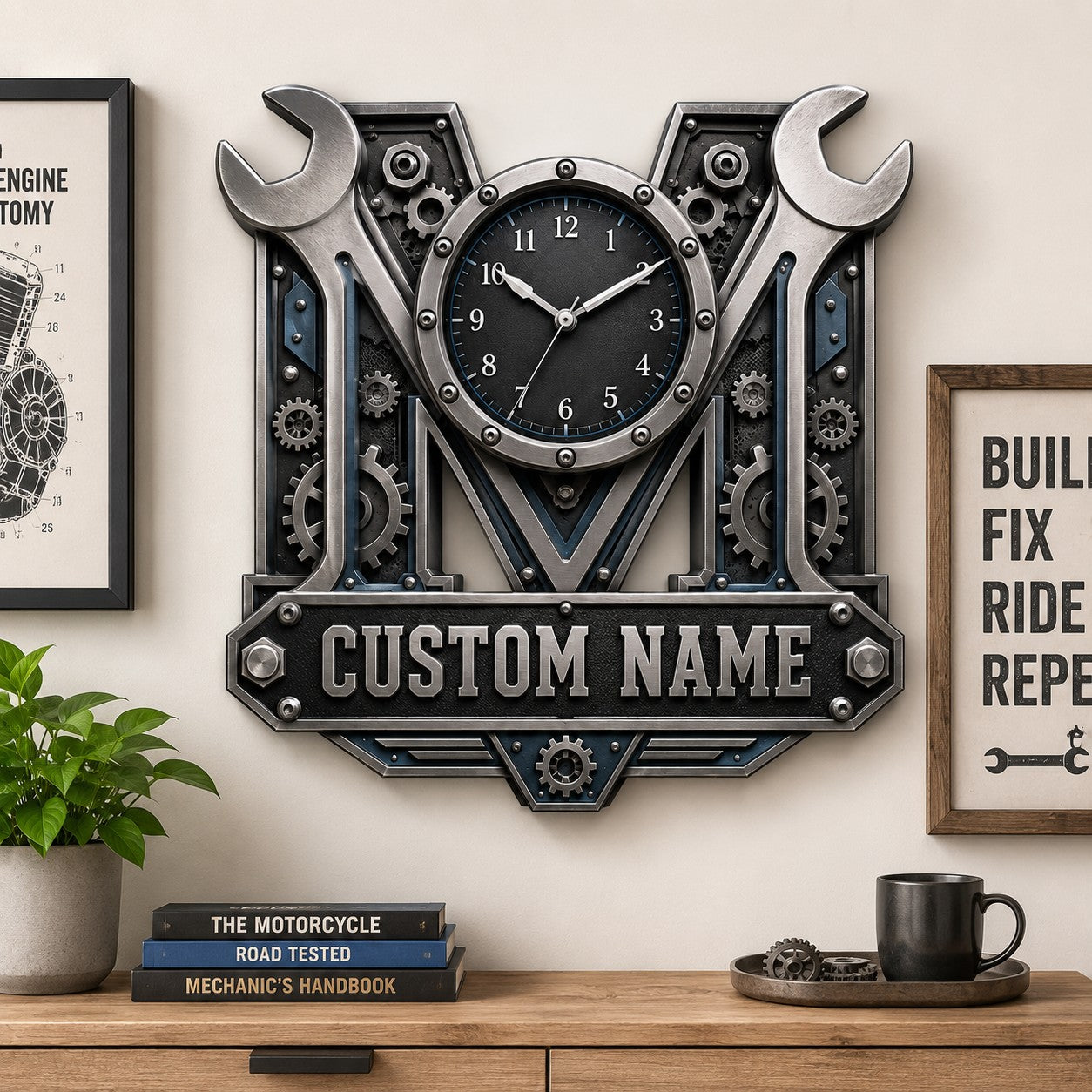 Mechanic wrench Custom Name Wall Clock — personalized with a custom name