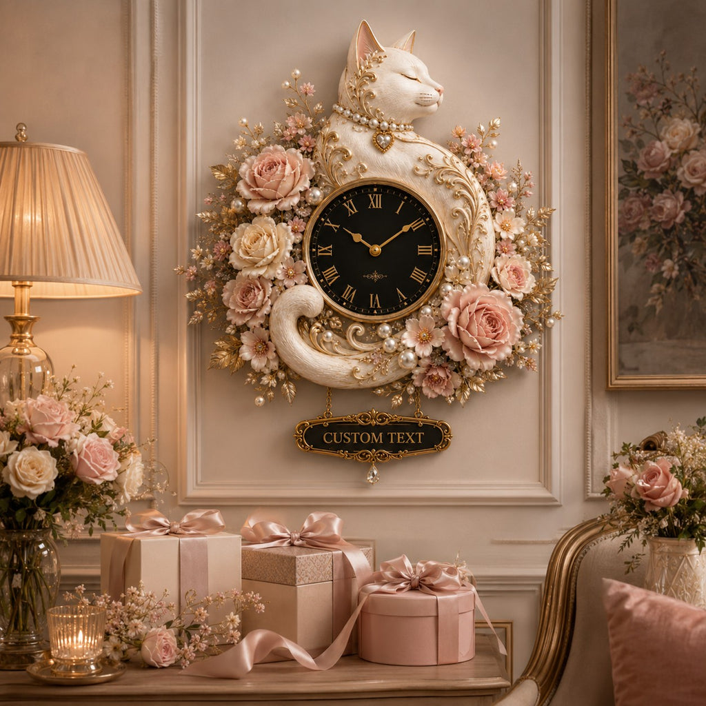 White cat Custom Name Wall Clock — personalized with a custom name