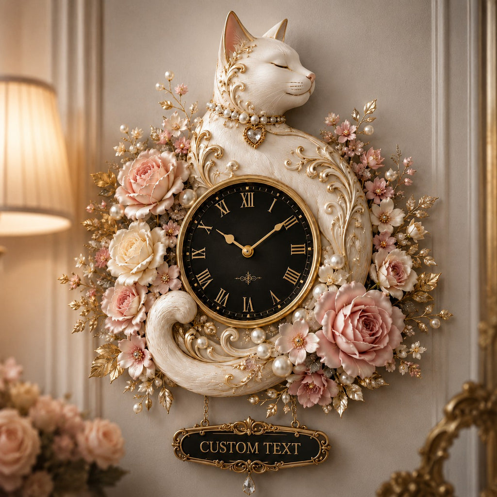 White cat Custom Name Wall Clock — personalized with a custom name