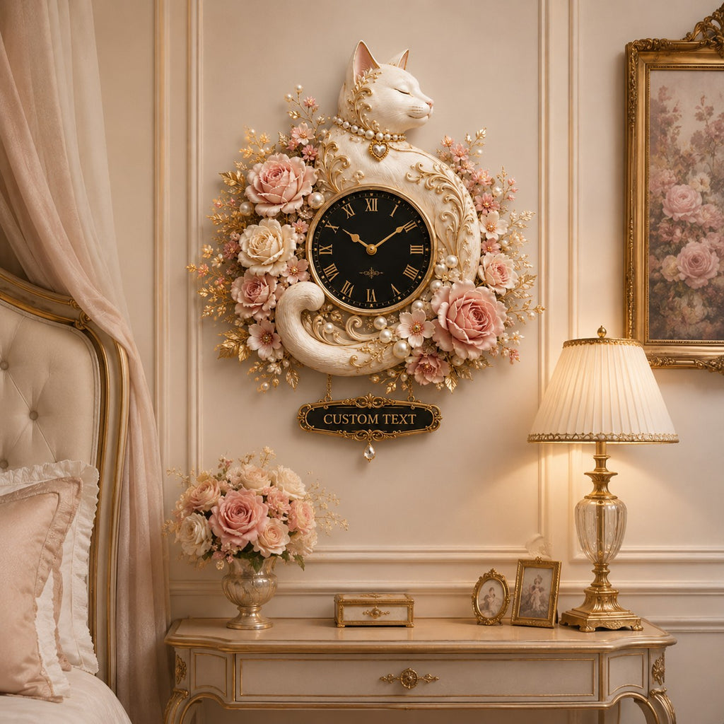 White cat Custom Name Wall Clock — personalized with a custom name